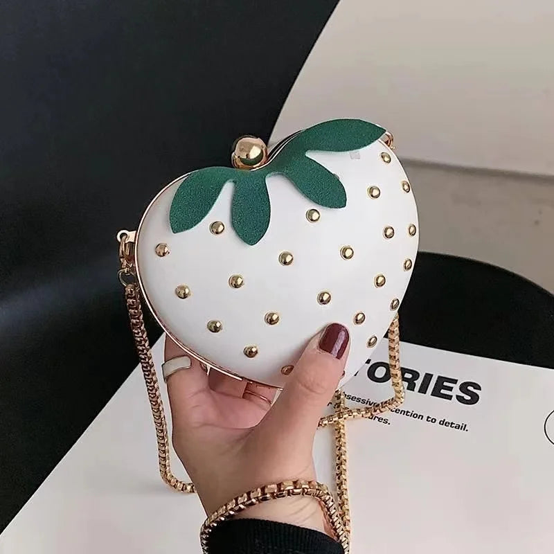 the STRAWBERRY - Cute Fruit Strawberry Heart Shape Pu Rivet Mini Fashion Ladies Chain Purse Clutch Bag