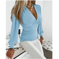 Autumn Women Fashion Solid Color Blouse Long Sleeved V-neck Slim Shirt Sexy Evening Gown Party Women's Shirt