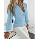 the SOCIALITE - Autumn Women Fashion Solid Color Blouse Long Sleeved V-Neck Slim Sexy Evening Blouse for Women