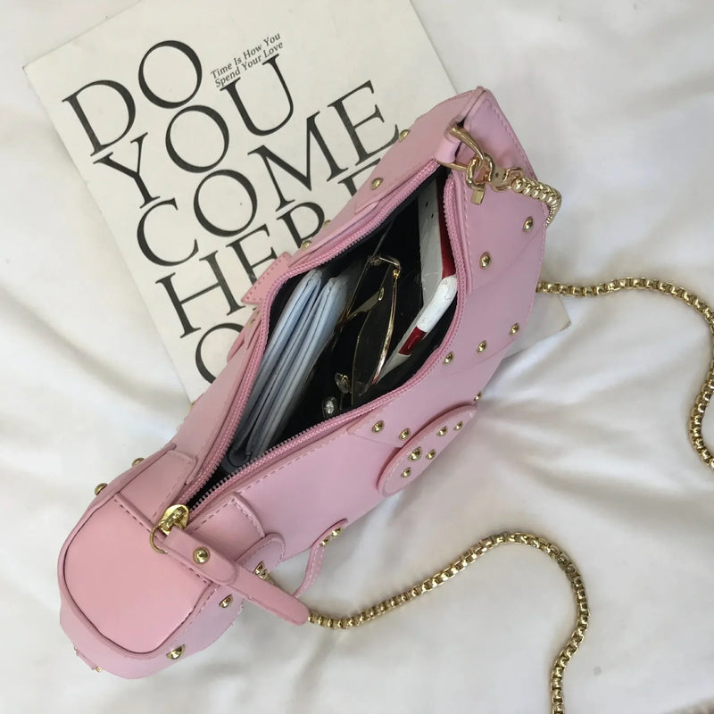 the DINO-MYTE - Trend Fashion 3D Dinosaur Design Rivets PU Leather Chain Purse, Shoulder Bag Tote, Crossbody Mini Messenger Bag