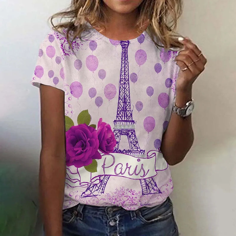 Summer Paris Eiffel Tower 3D Print T-shirts Women Streetwear Casual Fashion Y2k Short Sleeve T Shirt O-neck Tees Tops Clothing