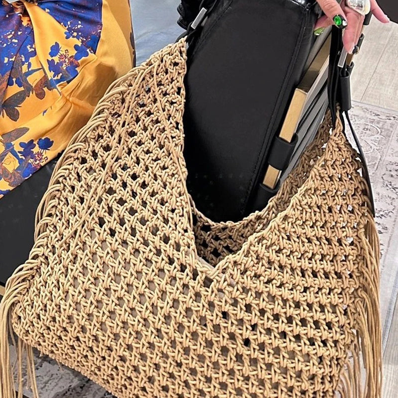 the BEACH BOHO - Hollow Out Hobos Bags for Women, Luxury Designer Handbag/Purse, Weave Large Capacity Tassel Shoulder Straw Beach Bag