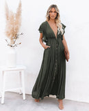 the BEACH BOHO - Summer Long Bikini Cover Ups Solid V-Neck Kimono Beach Lace Up Anti-Sun Swim Bohemian Sarong Dress for Women