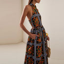 the DESIGNER BOHO - Spring/Summer Hollow Off Shoulder High Waist Lapel Sleeveless Bohemian Casual Pleated Long Dress