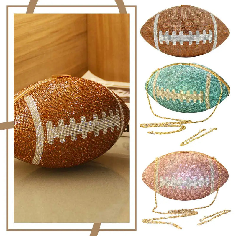 the FOOTBALLER - Football Shape Fashion Handbag. Large Capacity Rhinestone Bling Purse with Shoulder Chain, Shiny Diamond Purse