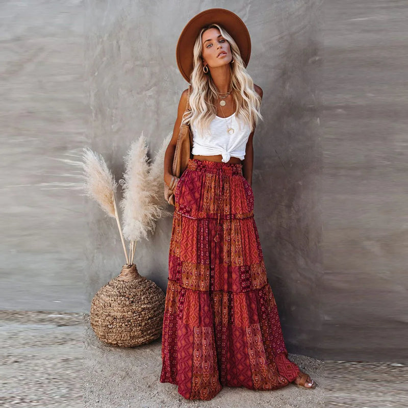 New Long Skirt Retro Skirt Loose Casual High Waist Skirt Bohemian Style Patchwork Pleated Pocket Skirt