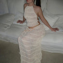 the BELLY DANCER - Sexy Boho Backless Matching Suit 2 Piece Beach Outfits Vintage Ruched Halter Cami Tops + Maxi Long Skirt