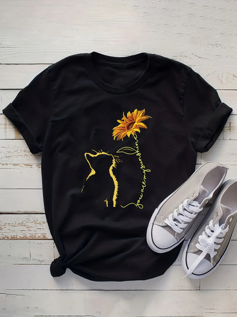 Sunflower & Cat Print T-Shirt, Short Sleeve Crew Neck Casual Top For Summer & Spring, Women's Clothing