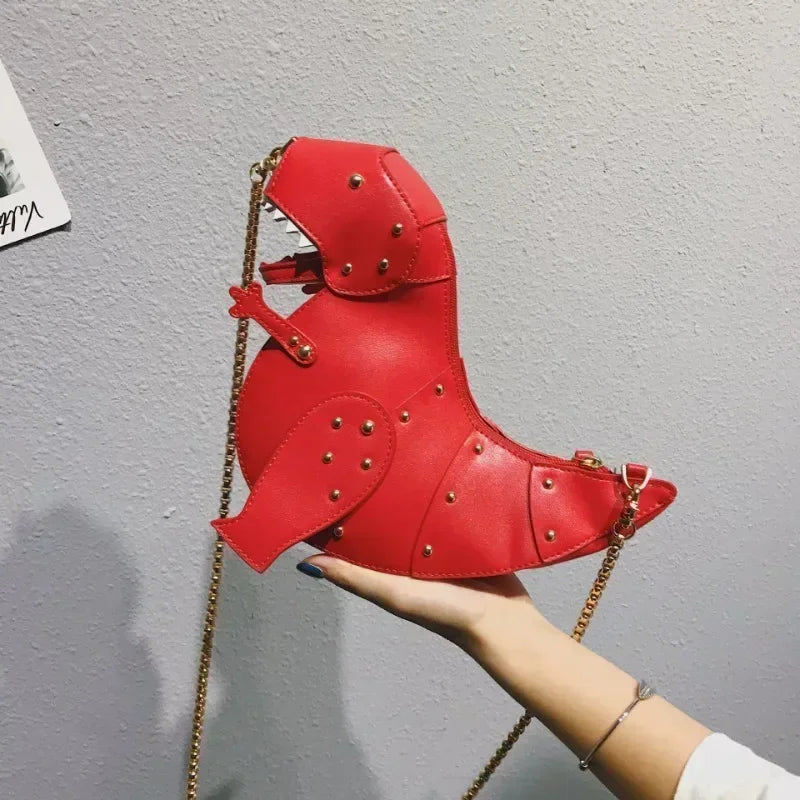 the DINO-MYTE - Trend Fashion 3D Dinosaur Design Rivets PU Leather Chain Purse, Shoulder Bag Tote, Crossbody Mini Messenger Bag