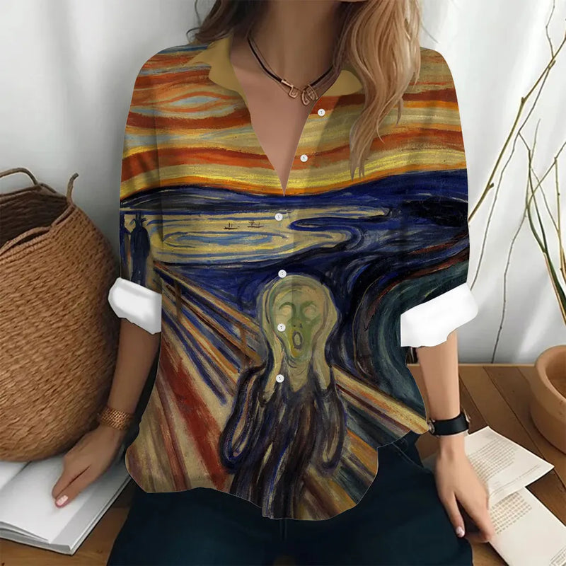 Women's Long Sleeved Shirt Van Gogh's Oil Painting Print Sunflower Pattern Clothing Loose Lapel Top Women's Party Fashion Shirt