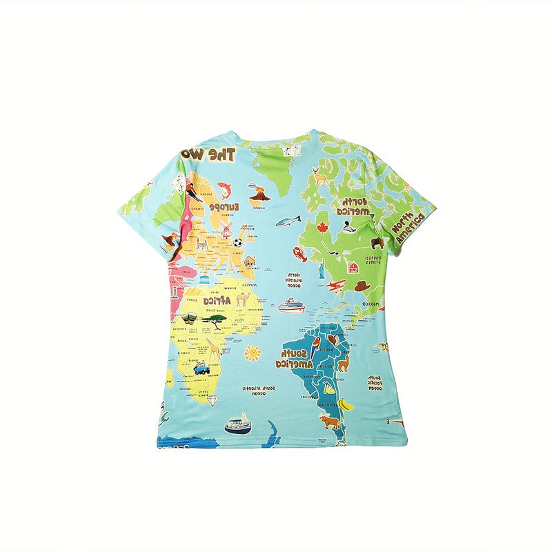 the ATLAS - Women's World Map Pattern Print Casual O-Neck Loose Short Sleeves T-Shirts