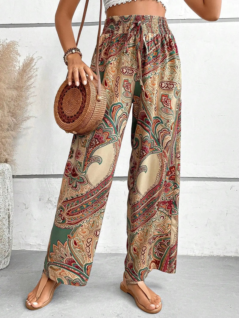 Women's Pants 2024 Summer New Fashion Versatile Printed Elastic Waist Wide Leg Pants Retro Ethnic Style Elastic Waist Trousers