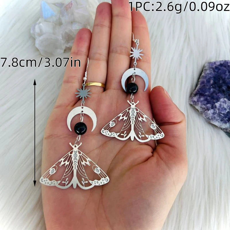 the BUG LIFE - Fashion Moon Star Elegant Moth Insect Creative Bohemian Silver Color Copper Dangle Earrings for Women