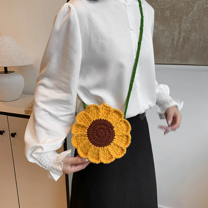 the KNITTED FLOWER - New Fashion Sunflower Pattern Women's Mini Knitted Handbag, Female Woven Shopper Purse, Lovely Design Chain Shoulder Crossbody Bag