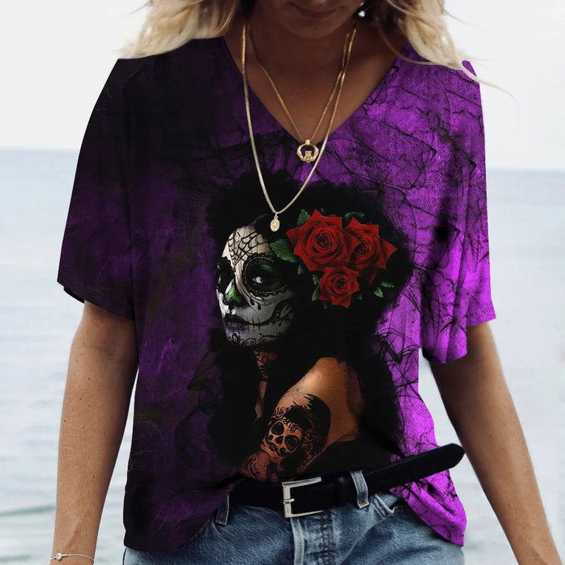 2023 Vintage Skull Face Women's T Shirt Tops V Neck Casual Cotton Short Sleeve Pullover Summer Female Harajuku Punk Streetwear