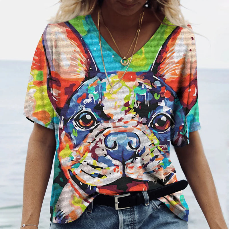 Summer New Women's V-neck Top Short Sleeve T-shirts 3D Cute Dog Print Casual Lovely Harajuku Versatile Y2K Clothes European Size