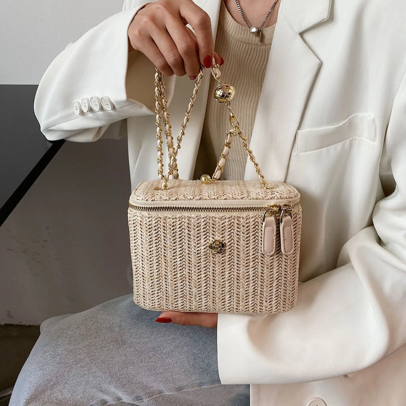 the PICNIC BOHO - Mini Straw Bucket Crossbody Bag for Women, Summer Weave Women's Brand Handbags and Purses, Fashion Chain Simple Shoulder Bags