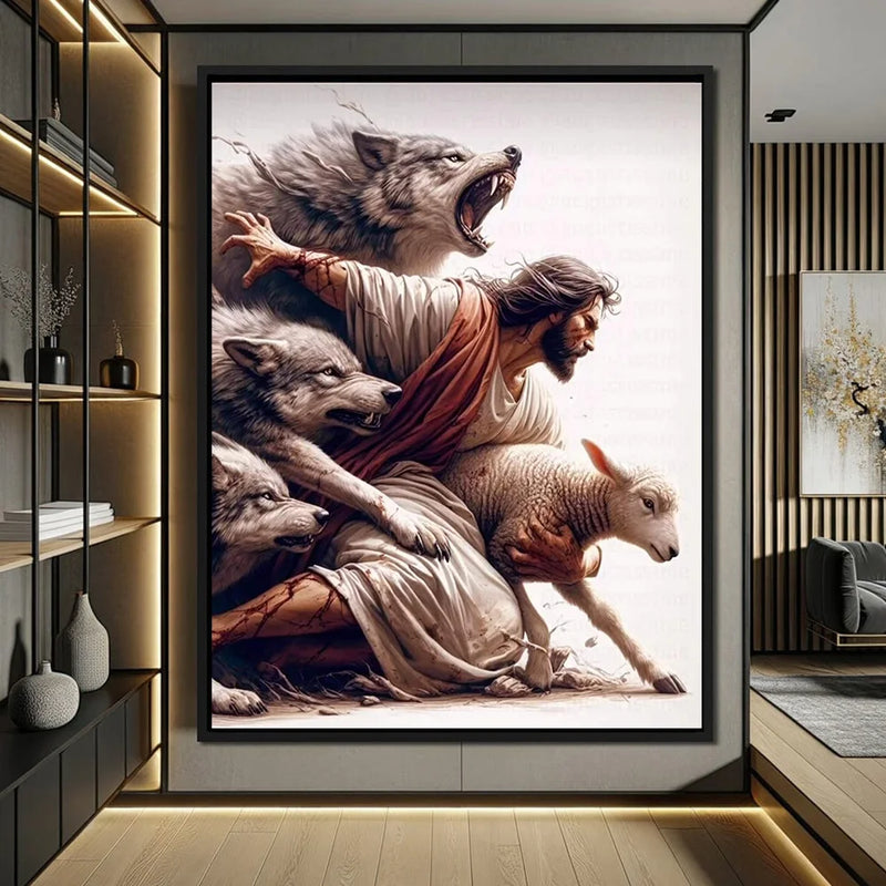 the GOOD SHEPARD - Holy Religious Belief God Jesus and Holy Spirit Posters Print, Sacred Heart Jesus Shepherd Canvas Painting Living Room Home Decor