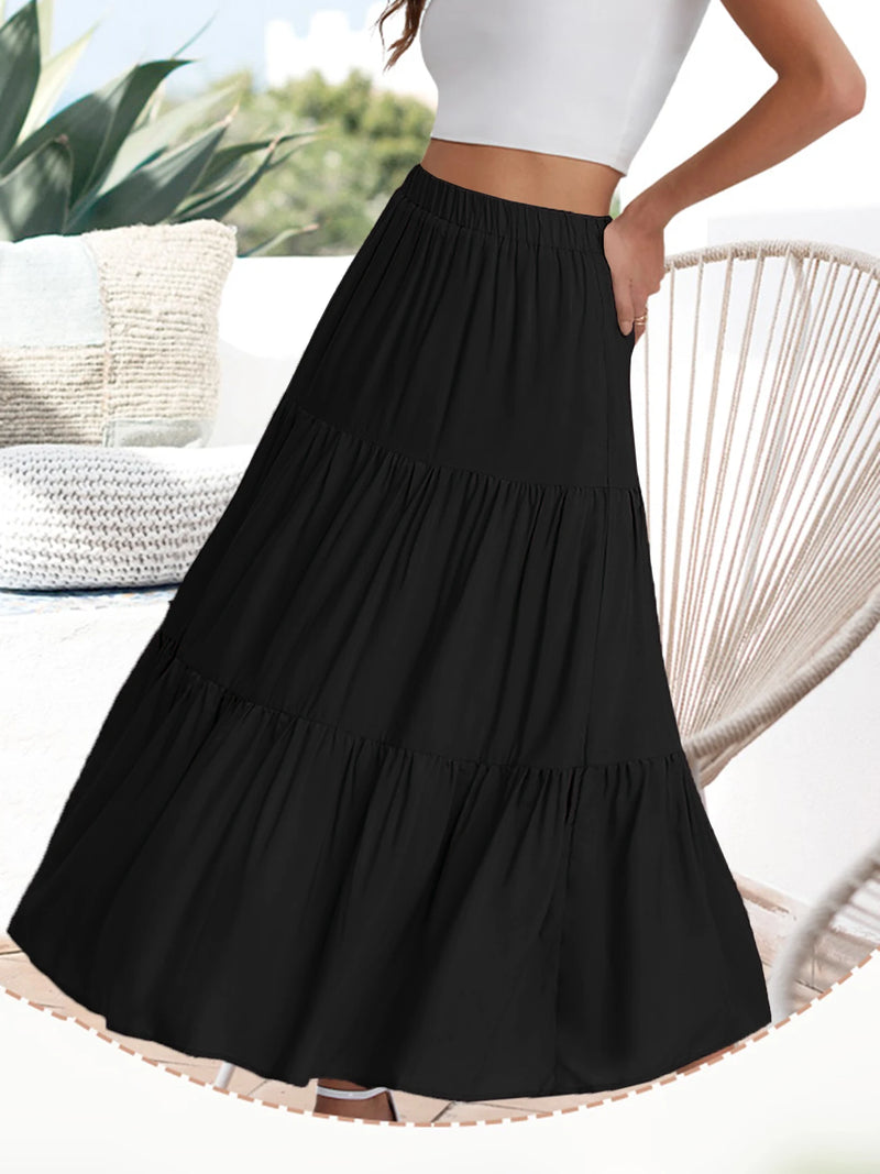 2024 Women's cross-border European and American summer Bohemian pleated A-line flowing swaying layered long skirt for wome