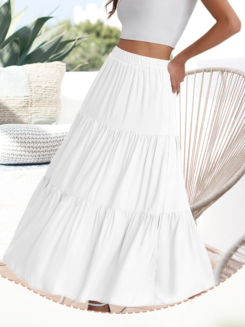 2024 Women's cross-border European and American summer Bohemian pleated A-line flowing swaying layered long skirt for wome