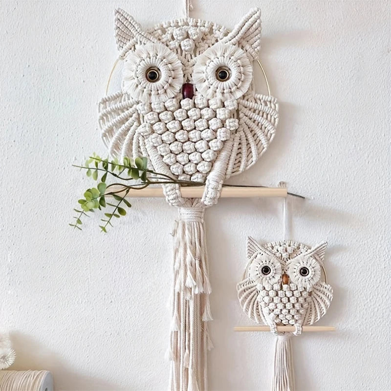 the MACRAME OWL - Owl Tapestry Hand-Woven Owl Dream Catcher Wall Hanging Macrame Mandala Tassel Boho Decor, DIY Apartment Dorm Room Home Decoration