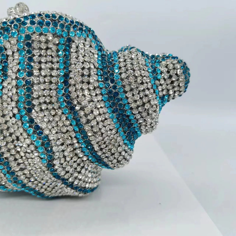 the CONCH - Lady Conch Blue/Gold Crystals Clutch Purse, Female Evening Bag, Wedding Diamond Purse/Bridal Handbag, Party Rhinestone Minaudiere