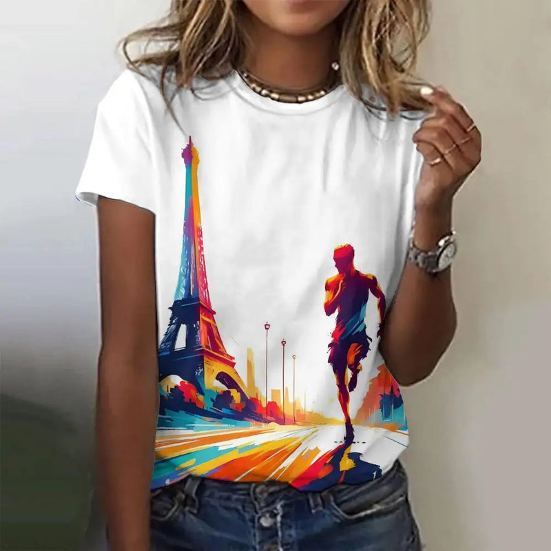 Summer Paris Eiffel Tower 3D Print T-shirts Women Streetwear Casual Fashion Y2k Short Sleeve T Shirt O-neck Tees Tops Clothing