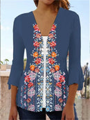 the VINTAGE BOHO - Women's Spring/Autumn Vintage Floral Print Knitted Cardigan Fashion Elegant V-Neck 3/4 Sleeve Tunic Sweater Coats