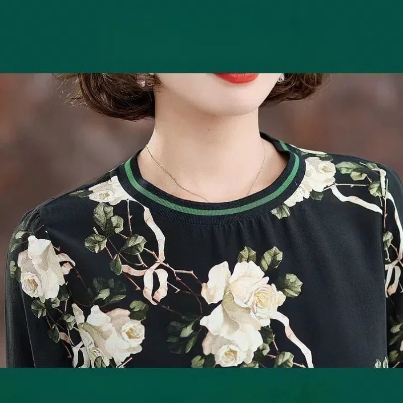 Spring Autumn Round Neck Plant&Flowers Printing Women's Clothing Pullover Lantern Long Sleeve Elegant T-shirt Casual Loose Tops