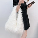 the SHAGGY - Women's Wool Plush Shoulder Bags, Hot Girls Faux Fur Drawstring Bucket Bag, Fashion Female Furry Purse Tote Handbags