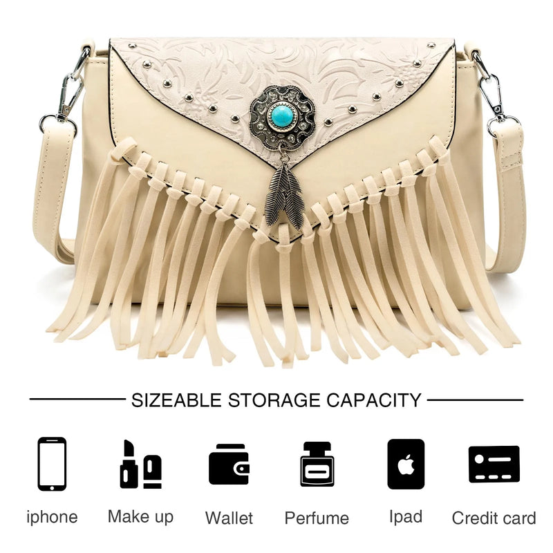 the WESTERNER - Original Design Shoulder Bag for Women, PU Leather Luxury Clutch Designer Handbags, Western Purse Fringe Messenger Bag