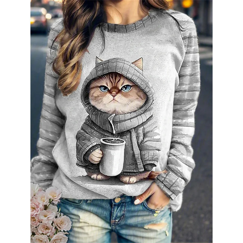 Women's Round Neck Hoodie Animal Cat 3d Printed Shoulder Style Autumn and Winter European and American T-Shirt Women's Clothing