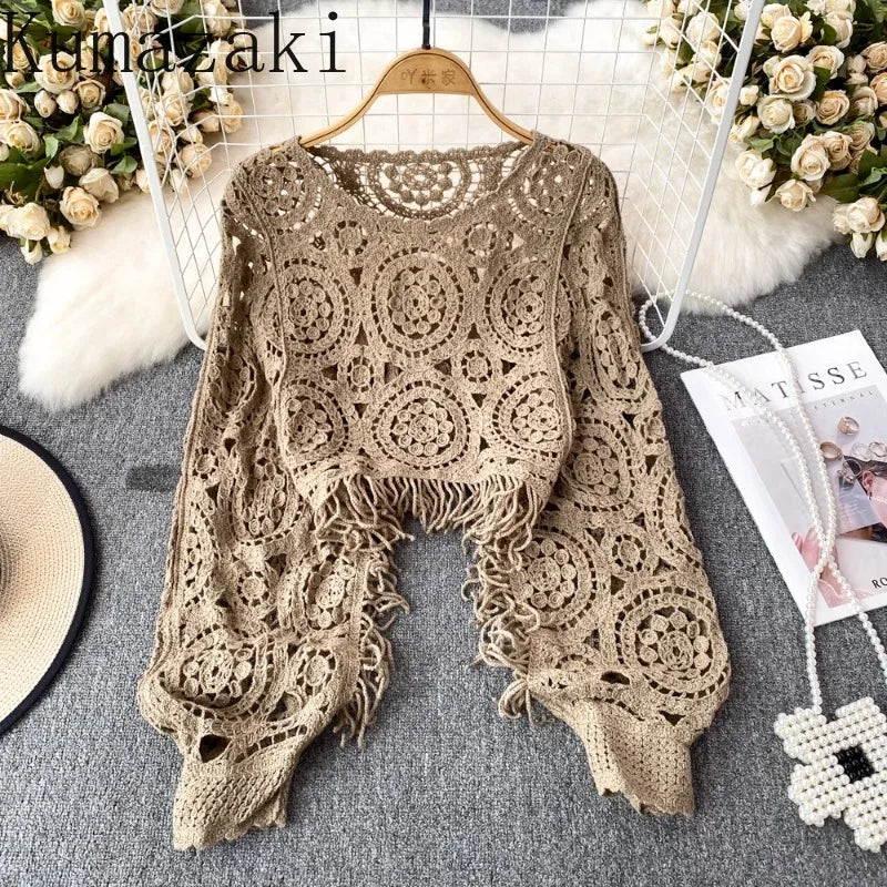 Retro ethnic style Knitted tops female tassel croche hollow out smock Female Dolman sleeve women's T-shirts casual ropa mujer