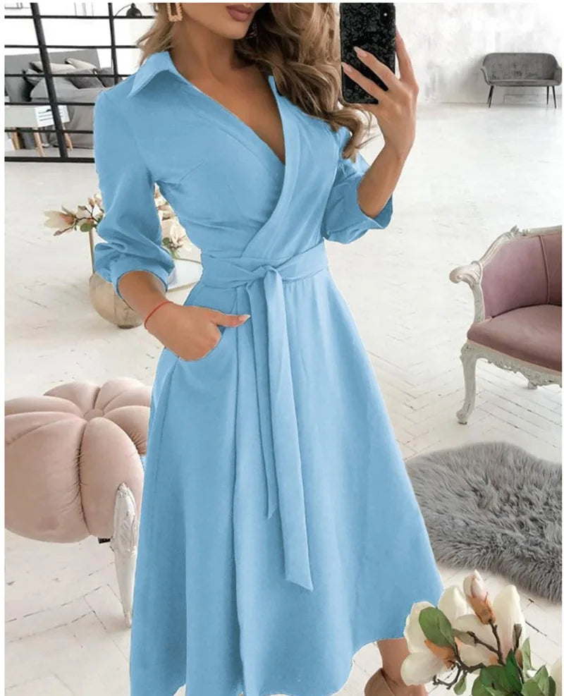 Women V-Neck Dress Spring And Summer New Fashion Three Quarter Sleeve Printed Women's Dress With Waist Tie Up Polo Long Dress