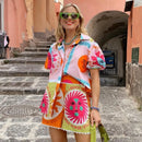 the CITRINE - Women Summer Shorts Outfits Daily Beach Sun Print Short Sleeve Button Shirts Tops Elastic Waist Shorts 2 Piece Lounge Sets