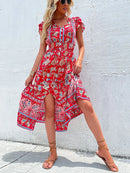 the BANDANA BOHO - Vintage Floral Boho Printed Short Sleeves V-Neck Slit A-Line Bohemian Summer Beach Midi Dresses