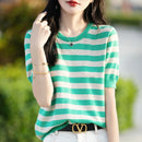 the CASHMERE - Sweater Short Sleeved Striped Sweater Pullover Knitted Cashmere Sweater for Women