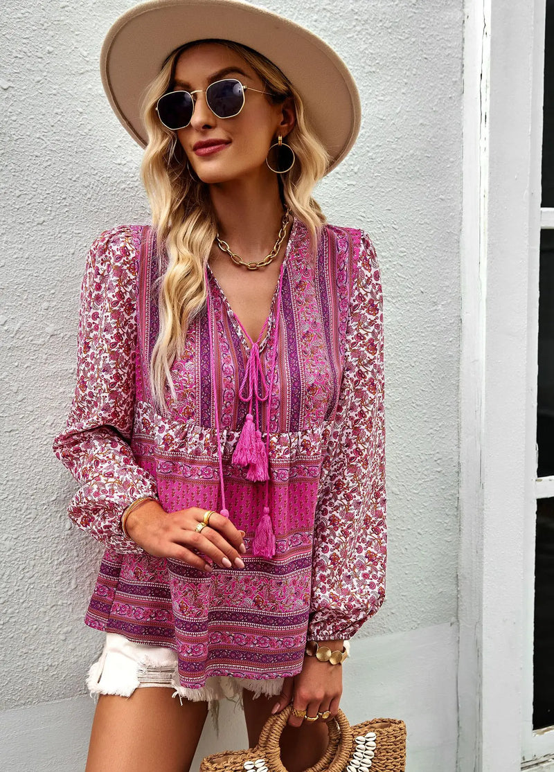 Boho lnspired Pink Floral Blouse Women V-neck Tassel Long Sleeve Bohemian Women Tops New Summer Fashion  Blouse Shirt For Women