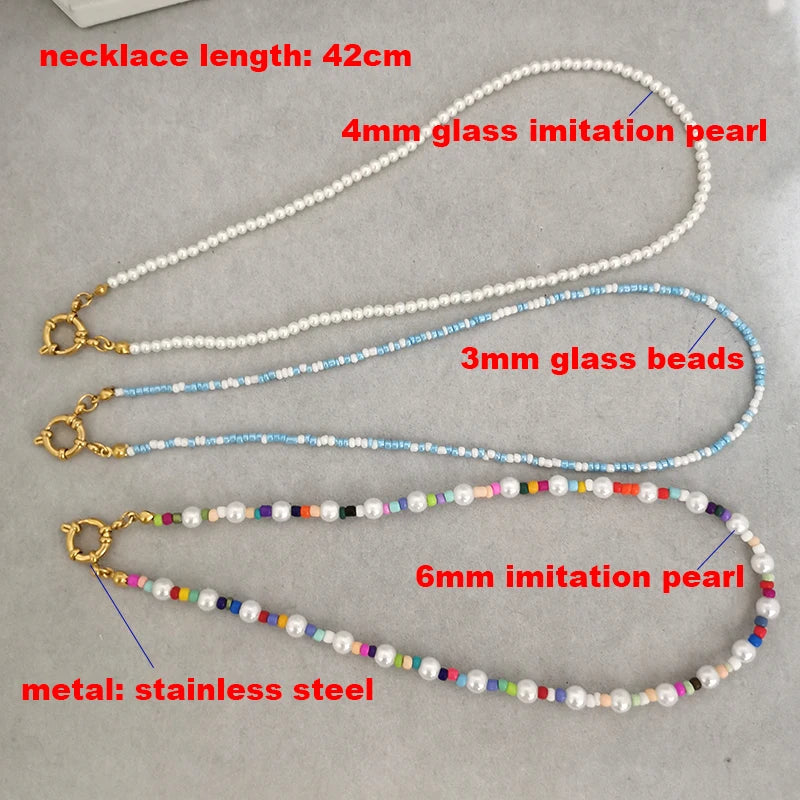 the LAYERED BOHO - Women's Imitation Pearl Necklace Choker Seed Beads Rainbow Stainless Steel Clasp Sailor Buckle Base Chain Gold Color Boho