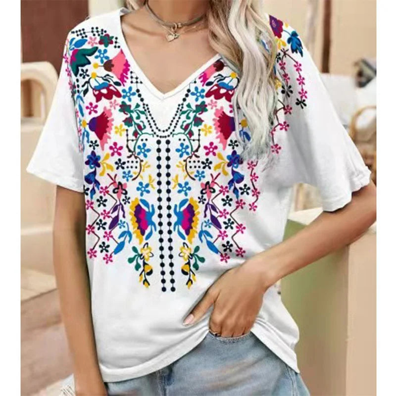 Summer T-shirt Floral Ethnic 3D Print V-Neck Tees Retro Women Tops Boho Streetwear Harajuku Oversized T Shirts Female Clothing