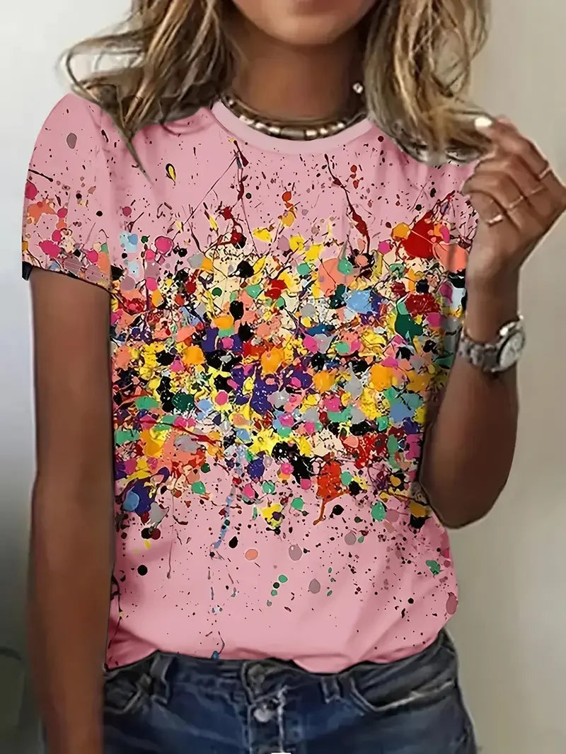 Summer Women's T Shirt Colorful Abstract Print O Neck Casual Short Sleeve Tees Female Overszied Clothing Fashion Street Pullover