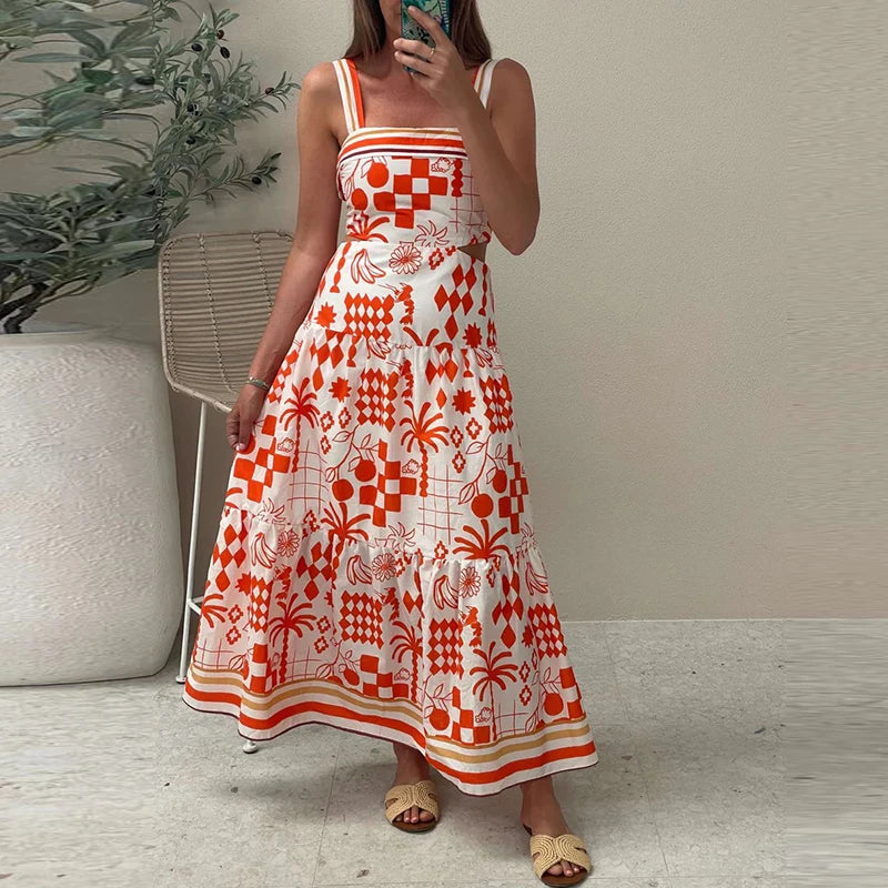 Casual Summer Pattern Print Beach Suspender Dress New Fashion Hollow Waist Bohemian Dress Elegant Women Sleeveless Party Dress