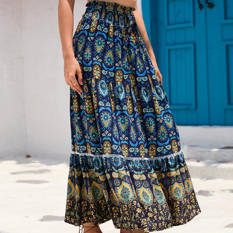 Bohemian Printed Skirt Holiday Women Beach Skirt Travel Long Skirts Ethnic Splicing A-LINE Mid Skirts Womens 2024