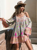 the BOHO BABYDOLL - Boho Inspired Floral Print Rayon Mini Dress Off Shoulder V-Neck Half Sleeve Bohemian Beach Summer Dress for Women