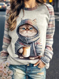 Women's Round Neck Hoodie Animal Cat 3d Printed Shoulder Style Autumn and Winter European and American T-Shirt Women's Clothing