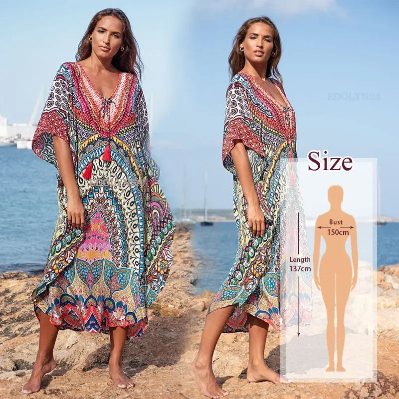 2023 Bohemian Printed V-neck Batwing Sleeve Long Loose Summer Dress For Women Clothes  Streetwear Moroccan Caftan Q831