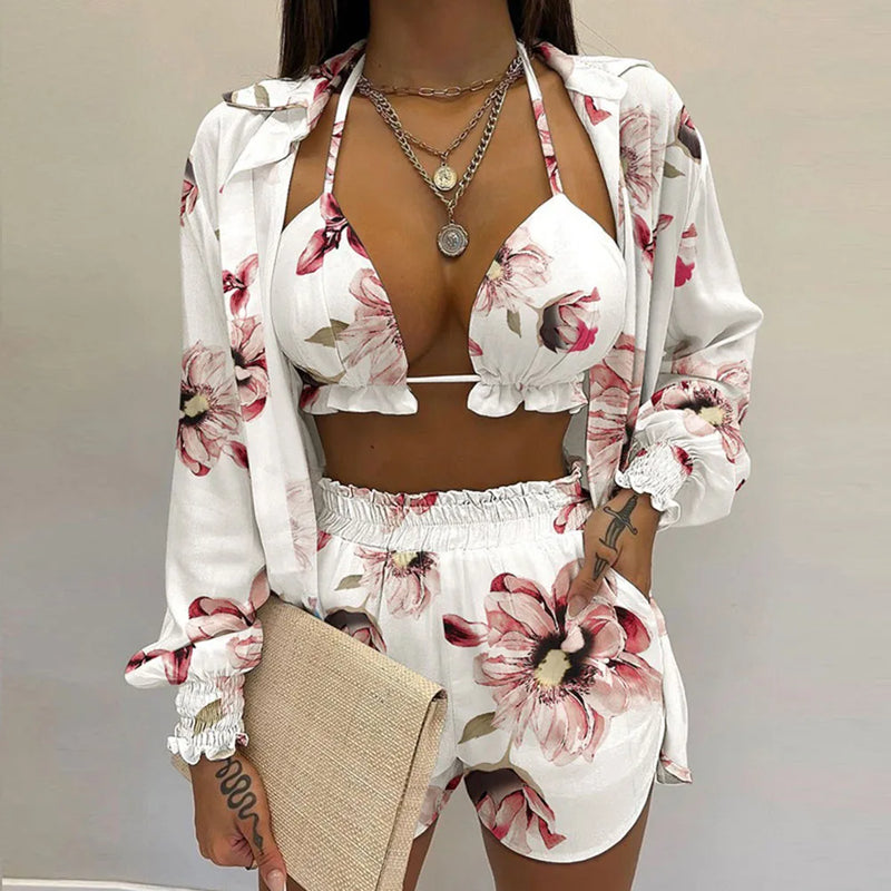 2024 Bohemia Beach Summer Women Clothing Outfits Fashion Spring Sling Tops Long Shirt Short Pants 3 Pcs Sets