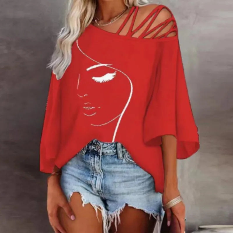 Women's Fashion Tees Casual Top 2023 Summer Print Hollow Out Female Sexy Loose T-shirt S-XXL