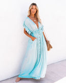 the BEACH BOHO - Summer Long Bikini Cover Ups Solid V-Neck Kimono Beach Lace Up Anti-Sun Swim Bohemian Sarong Dress for Women