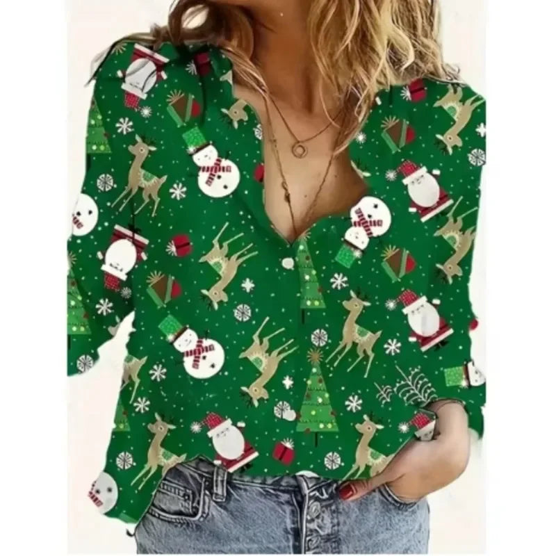 New Christmas Women Clothing Casual Long Sleeve Button Tops Shirts Cute Christmas tree Santa Claus Print Blouses Autumn Blouses